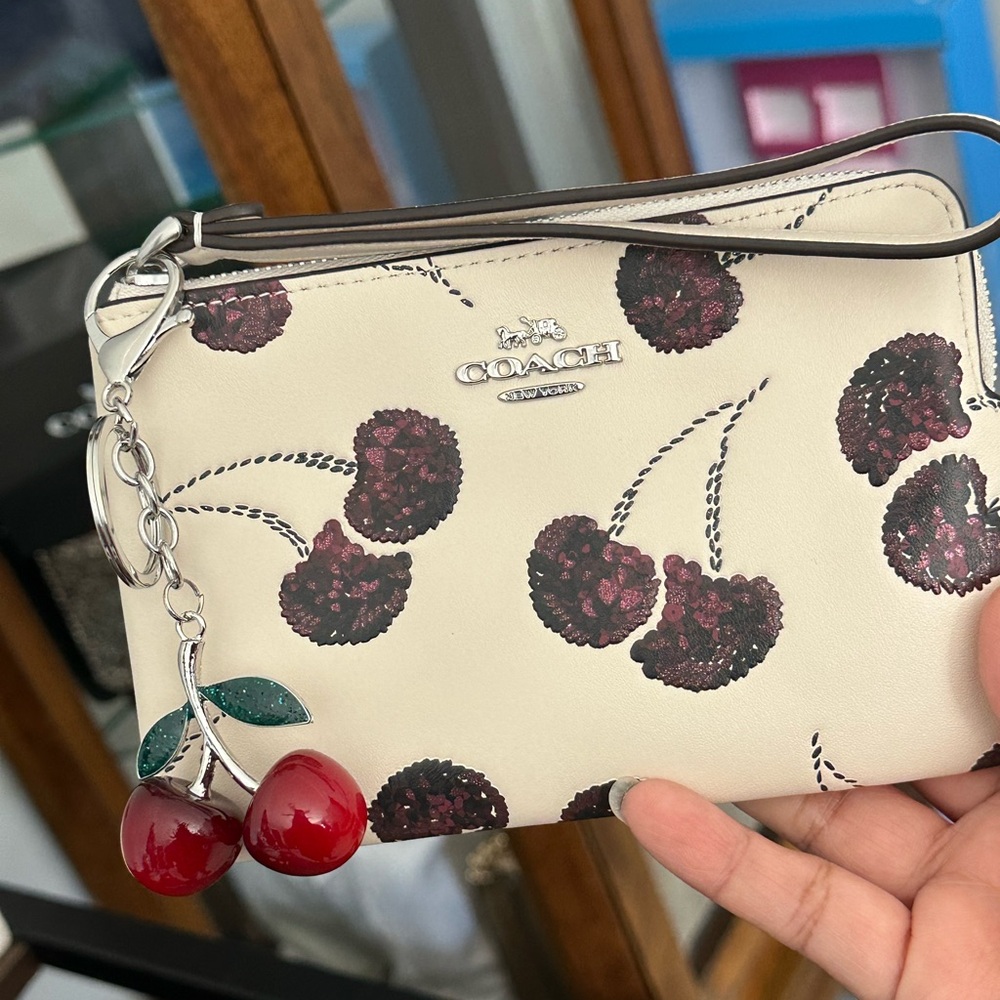 Coach Corner Zip Wristlet Wallet with Cherry Print and Cherry Charm - Picture 4 of 12
